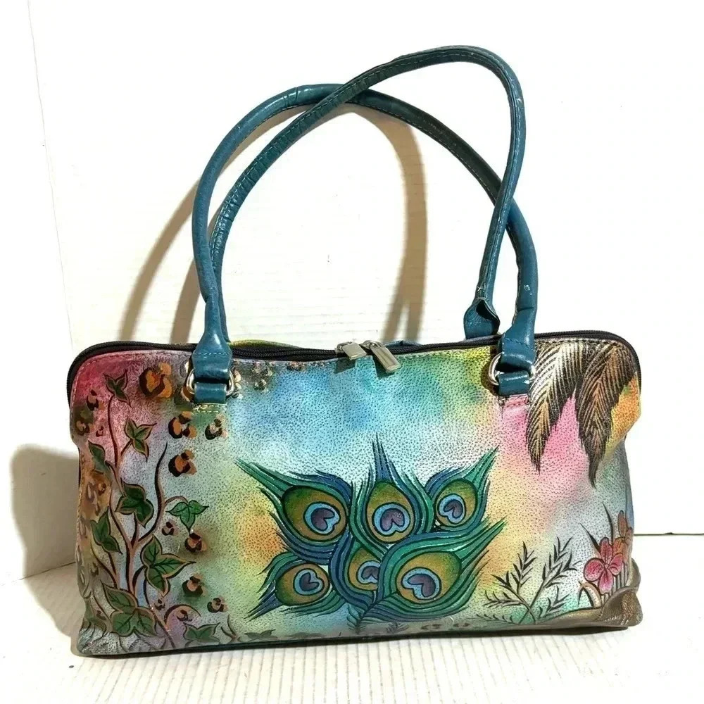 Biacci hand painted peacock feathers floral satchel handbag